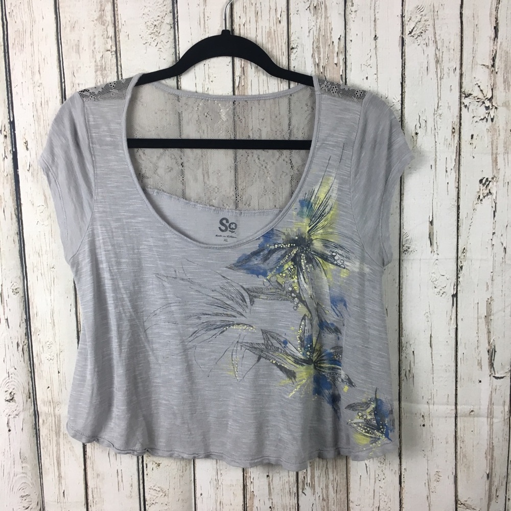 SO Cap Sleeve Crop Top Gray Floral & Lace XL
